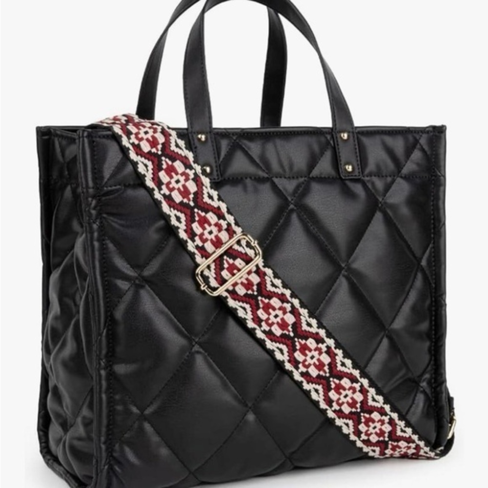 Black Quilted Tote Bag with Patterned Strap